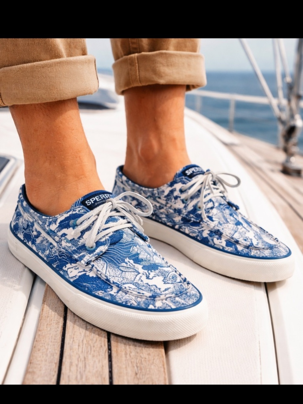 Sperry Top-Sider | Men 10.5 | Blue & White Bahama Coral Print Boat Shoes Slip-On